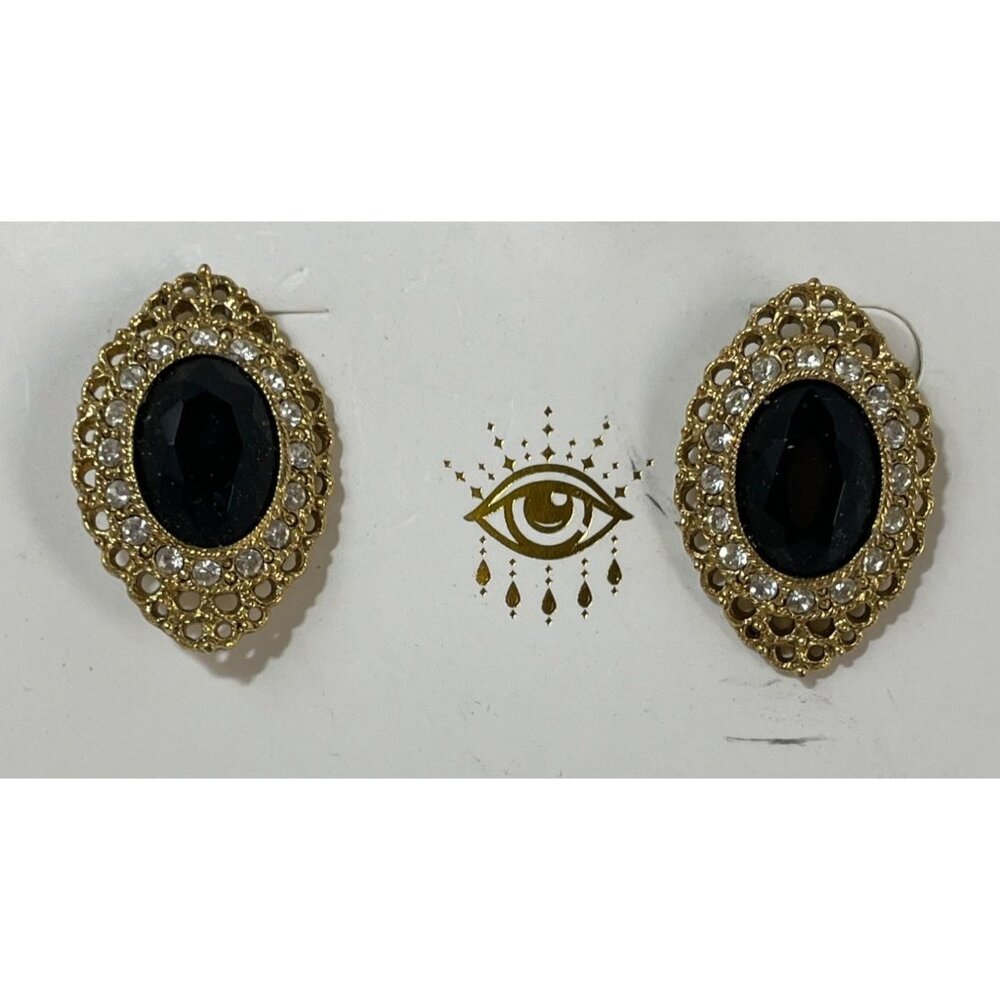 14K Gold Plated Alloy Post Earrings Black Glass Rhinestones Beautiful Vintage